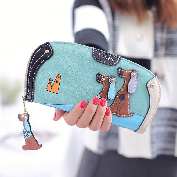 Handbags - Silly Cartoon Dog Blue Vegan Leather Clutch Wallet
